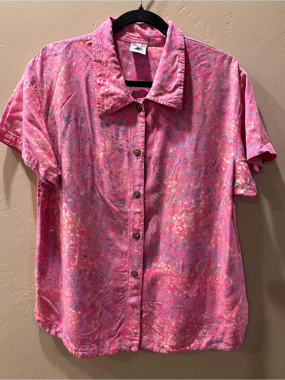 Lost River Clothing Co Pink Batik Floral Rayon Button Down Camp Shirt XL Vintage
